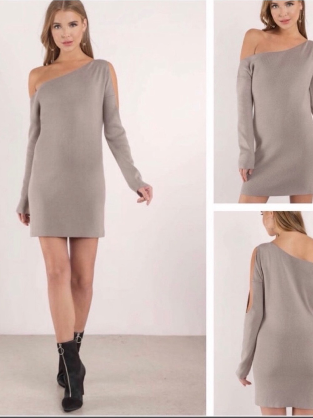 Tobi cold Shoulder Sweater Dress in Taupe